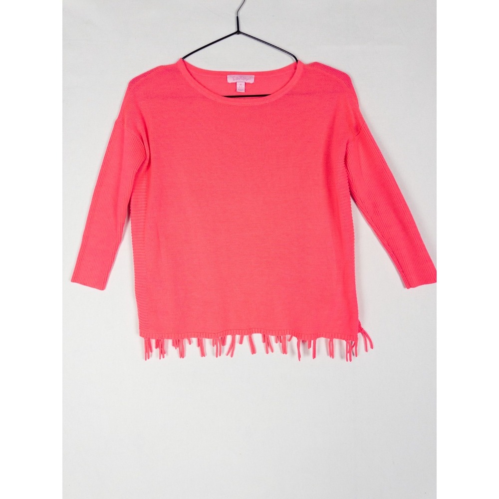 Lilly Pulitzer Sweater‎ Girls M 6-7 Pink Knit Fringe Pullover Round Neck